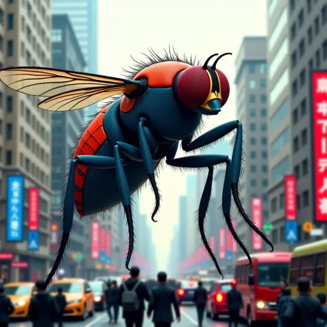 Make image realstic A real Giant Housefly with Spiderman's Red and Blue color costume design. Natural Housefly animal style. traffic jam In the City and many people walking in the road