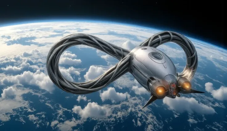 an alien space ship in the form of infinity, flying in the earth's atmosphere, its whole body is rotating in a tangled way which make a shape of infinity  