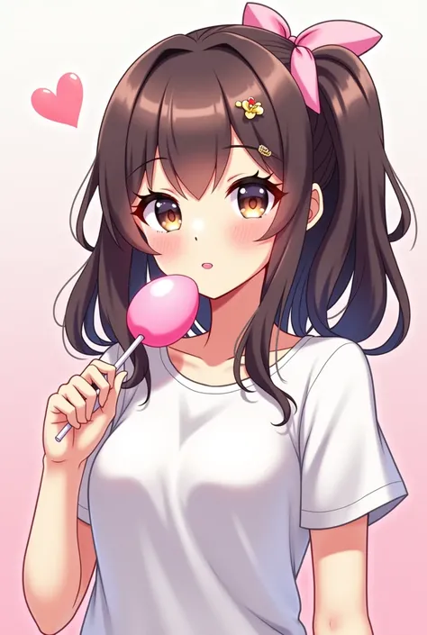  anime girl t-shirt with a lollipop in her hand, Beautiful anime art style, cute  anime girl t-shirt,   digital animation art  , pretty  anime girl t-shirt, beautiful  anime girl t-shirt,  beautiful anime style , Anime style 4k , realistic kawaii portrait,...