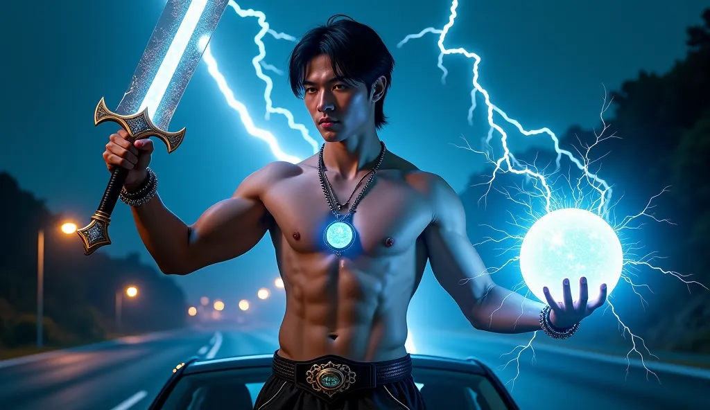 a ager shirtless hunk handsome good looking young man with short long black hair, his left hand holding a thunder long sword while in his left hand was a magical thunder ball. wearing a lightning magical necklace with sparkling blue stone pendant. he is st...