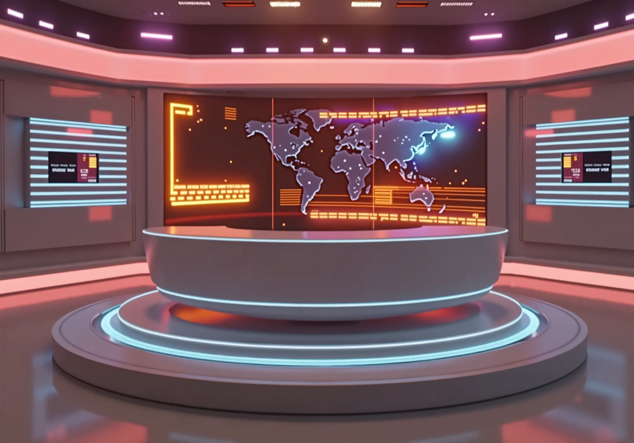 "A futuristic news studio set with a sleek, curved anchor desk at the center, illuminated by vibrant pink and purple LED lights. A large digital screen in the background displays a high-tech world map with glowing orange elements and a breaking news banner...