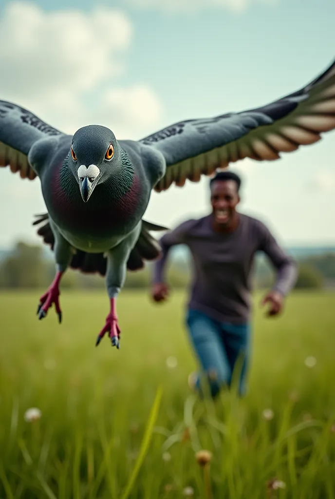 a realistic and angry pigeon flies after a frightened black man across the field