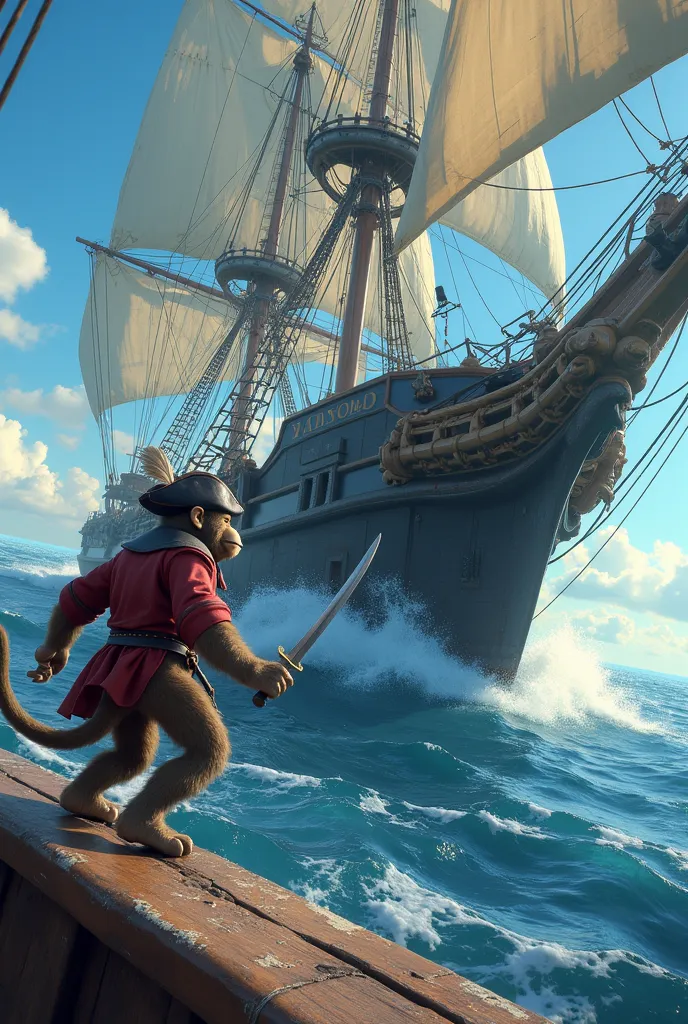 Monkey pirate vs king shark on a pirate ship in the ocean blue sky