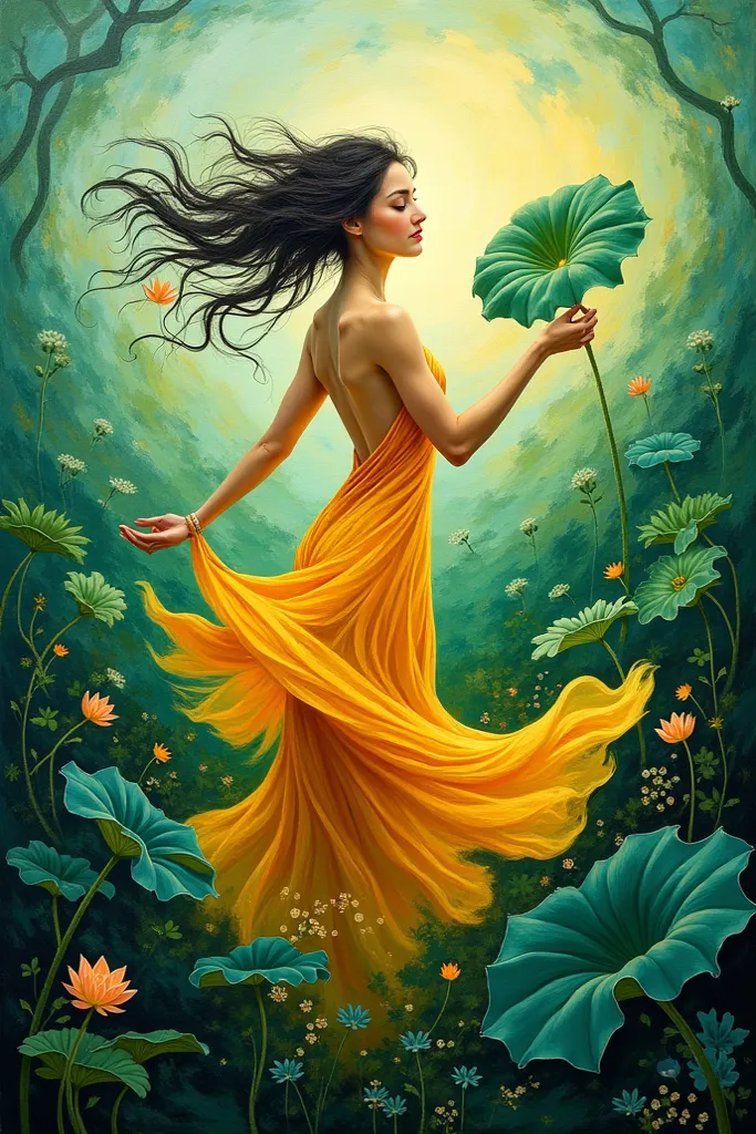  Creat an image of expressionistic painting showing a beautiful woman holding a leaf of lotus moving in a green environment. The painting uses bold brushstrokes and a color palette dominated by greens and yellows, with touches of blue in the sky. The woman...