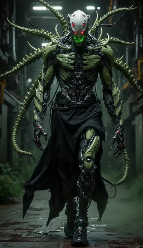 Hyper-realistic image. High quality, 8K Ultra HD. Jigsaw (John Kramer) mutated by the green pepper virus, turned into a bio-robotic abomination that fuses his obsession with macabre games with vegetal biomechanics. He walks with a hunched, sinister gait. H...