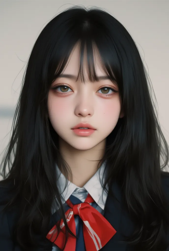 Black hair, long hair, blushing, shy, timid, middle school, Hyperrealism, film grain, bokeh, Sony FE, masterpiece, high quality, high details