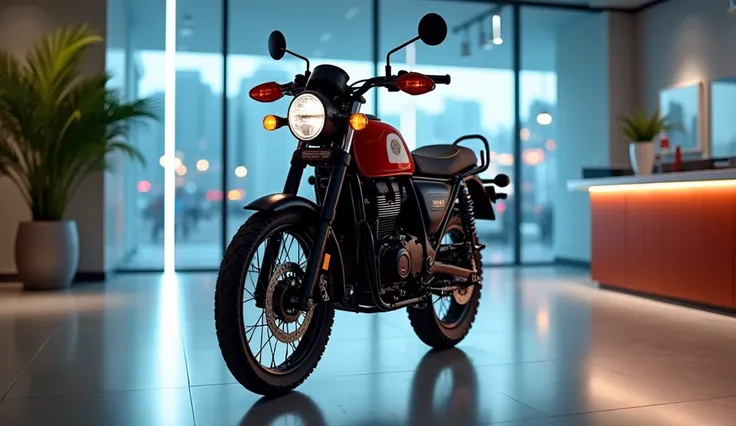 A stunning 2025 Royal Enfield Himalayan 450  motorcycle stands proudly in a sleek, modern showroom. The front view showcases the sleek handlebars, distinctive frame design, and intricate details of the front wheel and brake system. The bike's vibrant  colo...