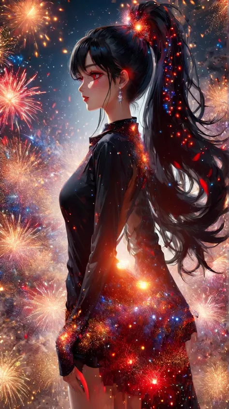  One girl ,  black hair,  red eyes,  very long hair,  high res, accurate,  top quality ,  High Details,  crystal earrings , Overlooking,  abstract , jewelry
1 girl, 　looks like an older sister　 realistic photo images　Background fireworks　The black T-back l...