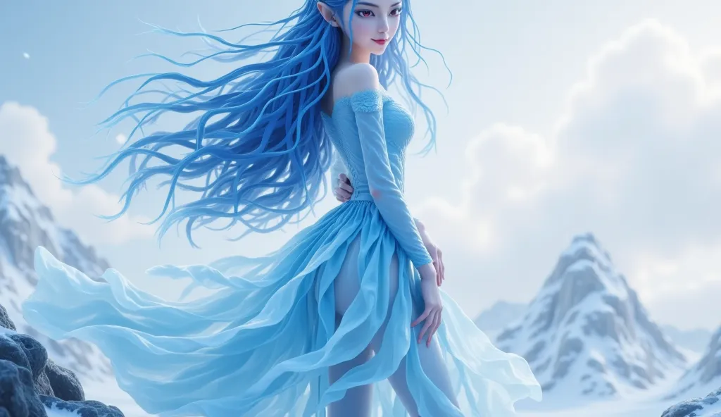 High quality 4k, thighs super detailed,Photorealistic and real,Professional,HDR,Delicate portrait of a young girl,Slim body,Long, charming blue hair, Deep eyes , Blue Dress ，(full body:1.5),with one hand on your lower back,and touch long hair with one hand...