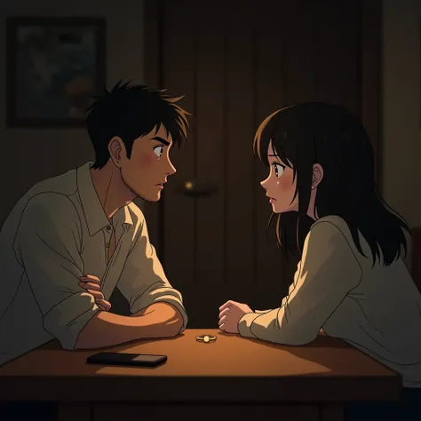 "An intense anime-style scene of a middle-aged man (45M) with short dark hair and a hint of stubble, sitting across from his wife (43F) at a dimly lit kitchen table. The man has a calm but determined expression, his hands resting firmly on the table, while...