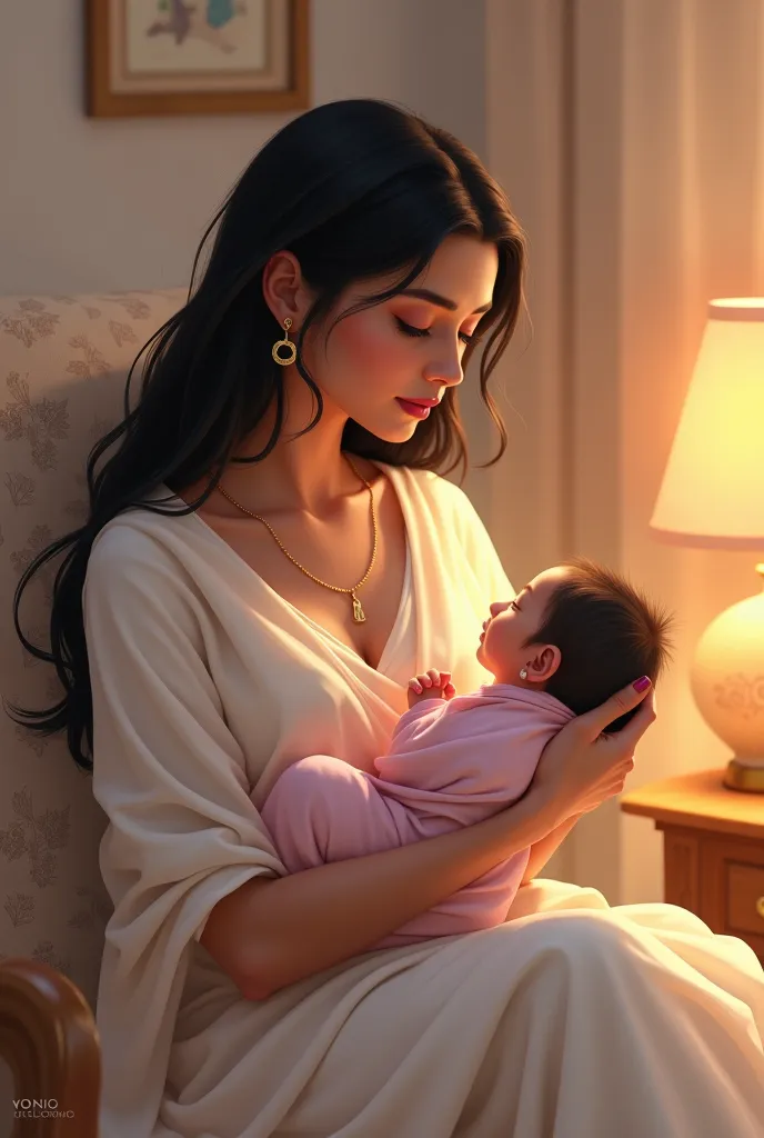 In a soft, warm nursery, Nirmala a beautiful women cradles the newborn in her arms. The baby, wrapped in a soft, pale pink blanket, rests against her chest. Nirmala’s eyes are filled with wonder, her face a mixture of tenderness and disbelief. She’s dresse...