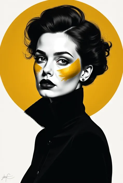 A black-and-white photograph of an elegant woman with mustard yellow and periwinkle paint brush strokes on her face. The background is a light mustard circle. The overall image has a minimalist style.