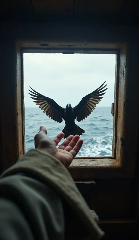 "An ultra-realistic point-of-view (POV) image capturing the first-person perspective of Noah releasing a raven through a small hatch in the Ark. His hands gently lift the bird, its wings twitching as it prepares to take flight. Beyond the opening, the vast...