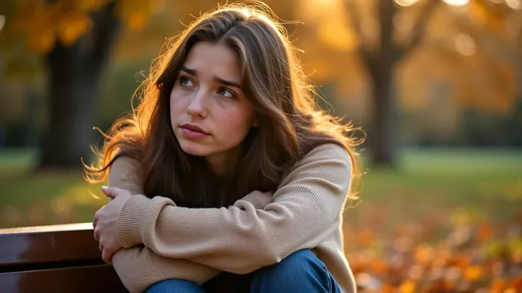 A young woman with long, wavy brown hair and deep green eyes sits alone on a park bench during late afternoon, her expression filled with sorrow and heartbreak. She wears a beige sweater, her arms wrapped around herself as if trying to hold back the pain. ...