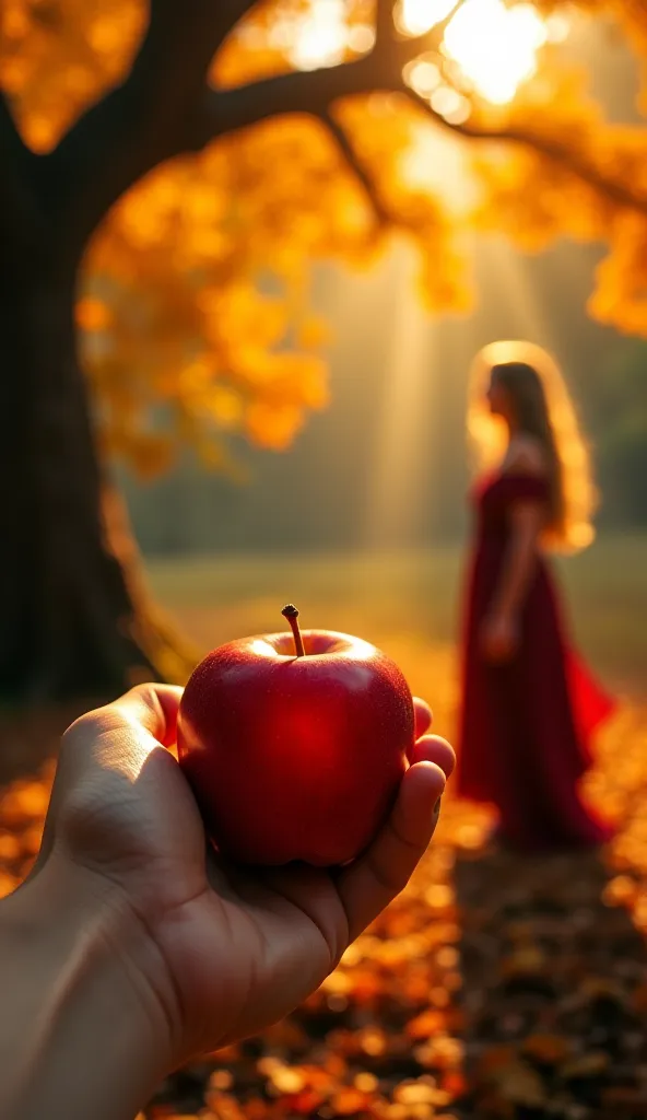 A first-person cinematic perspective in a mythical, golden forest. A strong, detailed hand in the foreground holds a bright red apple, illuminated by warm sunlight.  In the blurred background , a mysterious woman with golden hair stands near an ancient tre...