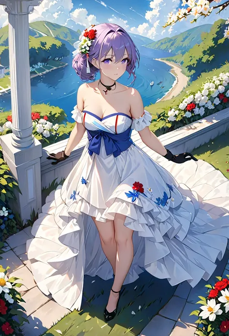 masterpiece, Highest quality, Extremely Detailed 8k Wallpaper, 1 girl, outdoor, Helena(Azur Lane),strapless  dress,  dress, layered  dress,White Flower, hair ornaments close to the garden, purple eyes, (choker),  OUTLINE , (black gloves), Bare legs,