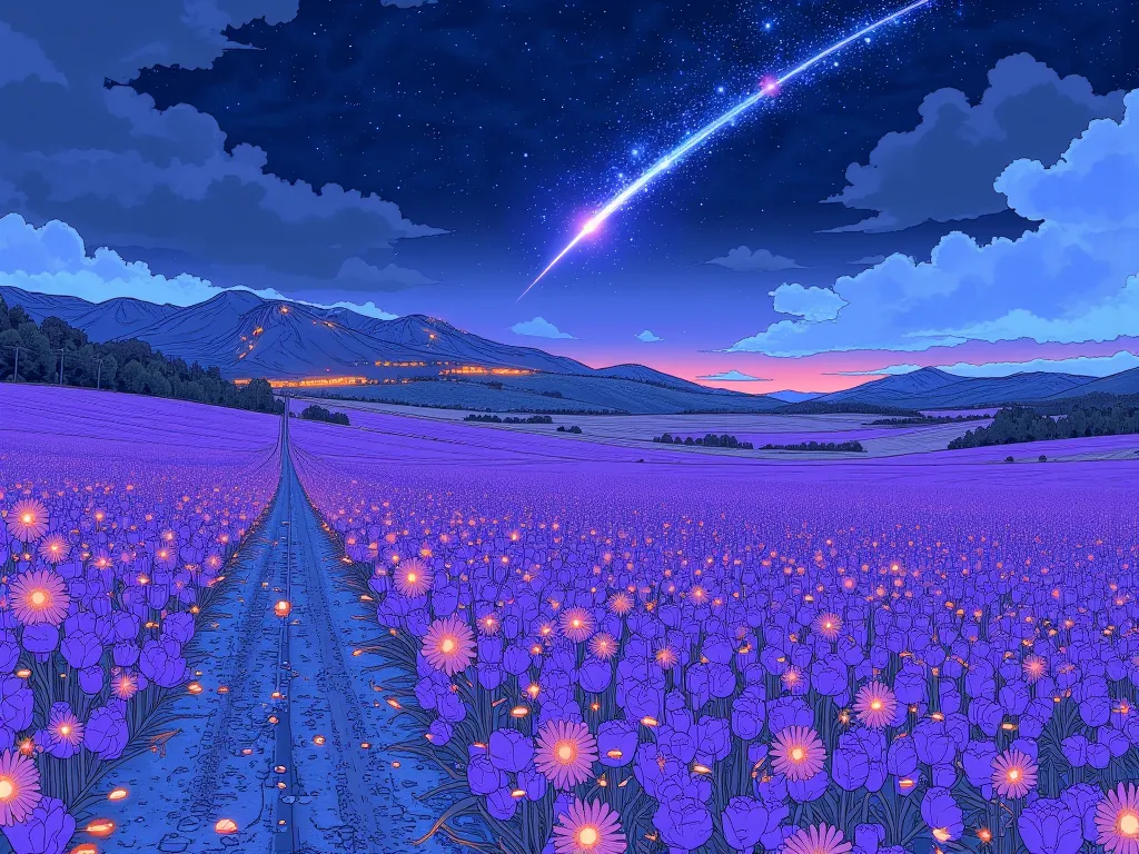 purple flowers on a field with a shooting star in the sky, Digital Art