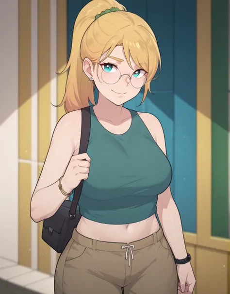 Anime-style illustration of a confident adult woman with a curvaceous body,  blond hair tied in a ponytail ,  wearing thin glasses , fitted grey-green sleeveless blouse, high-waisted khaki pants, utility bag attached to the thigh, and bracelets on the wris...