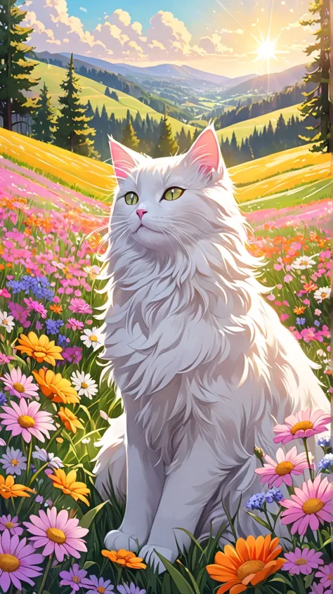 A beautifully detailed, fantasy-style illustration of a black and white cat sitting peacefully in a vibrant field of wildflowers. The cat has a soft, fluffy coat and a gentle, content expression with its eyes closed, as if enjoying the warmth of the sun. S...