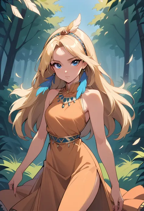  score_9,  score_8_high,  score_7_high,  score_6_high,  1 girl, Alone,  long hair ,  blonde hair,  Indian dress, view the viewer, blue eyes, Very fair skin outside, Feather hair band