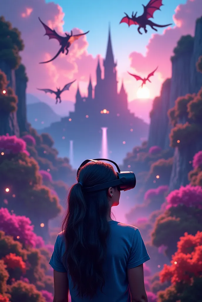 A person wearing a VR headset, transported into a magical fantasy world. Dragons soar in the sky, glowing enchanted forests surround them, and a giant castle looms in the distance. Vibrant colors, cinematic lighting, ultra-realistic, 4K