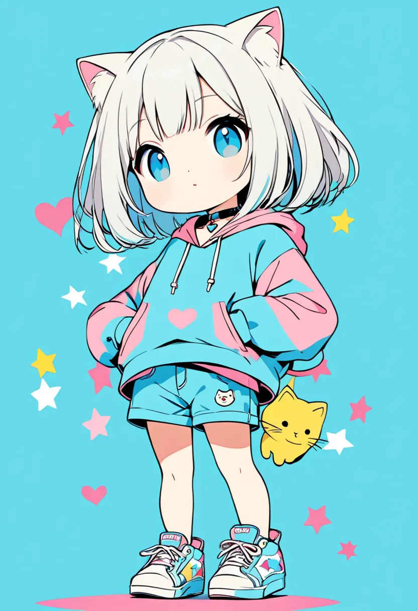 16K, Solo, girl, cute, straight hair, bob hair, white hair, soft look, choker, cat, hoodie, Shorts, full body, front, star, heart, pastel color, blue background, from below, ARW, AIU, pop art,