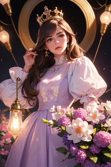 (  masterpiece,    High quality vaccines  ), 1 ,   Alone, (queen:1.15),      brown hair,     light bulb,  cortina , lilac floral dress, queen&#39;s Dress   ,   Aurora, (sunlight, null, Rio,    forest),    inexpressive,    red eyes, (   art nouveau   :1.2),...