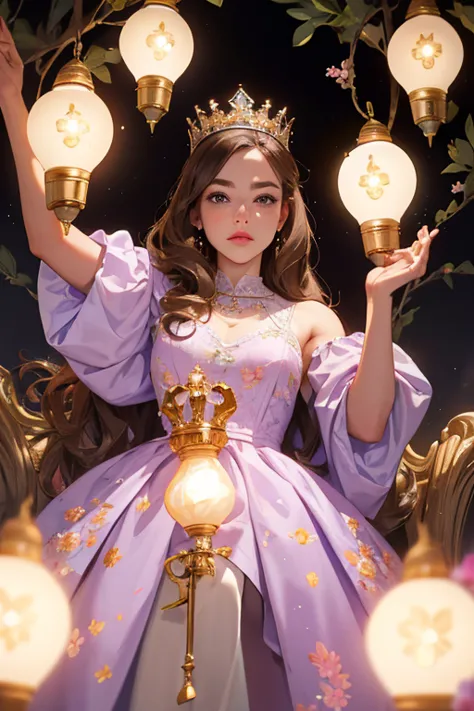 (  masterpiece,    High quality vaccines  ), 1 ,   Alone, (queen:1.15),      brown hair,     light bulb,  cortina , lilac floral dress, queen&#39;s Dress   ,   Aurora, (sunlight, null, Rio,    forest),    inexpressive,    red eyes, (   art nouveau   :1.2),...