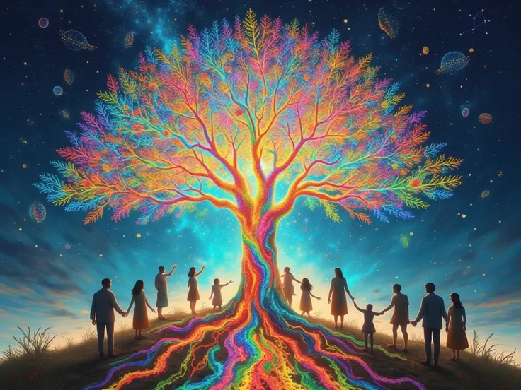 "A gigantic tree of life in ultrahd, with roots that extend deep into the earth and branches that touch the sky. Each leaf of the tree shines in a different color, forming a mosaic of light that seems to pulsate with life. On the branches, golden fruits th...