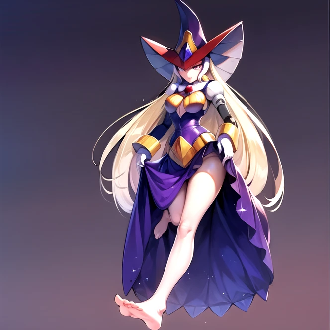 Full body shot, solo, berkana, android, purple eyes, robot ears, blonde hair, long hair, helmet, witch hat, gem, short dress, purple dress, white gloves, robot girl, robot, robot joints, best quality, ultra high res, feet, barefoot, bare feet,