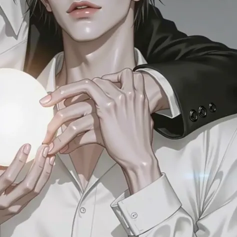 young men in a modern, semi-realistic anime style. The man in the foreground wears a white dress shirt and holds a glowing white orb in his hands. He has soft, slightly wavy black hair and a mysterious expression. The background is minimalistic, focusing o...