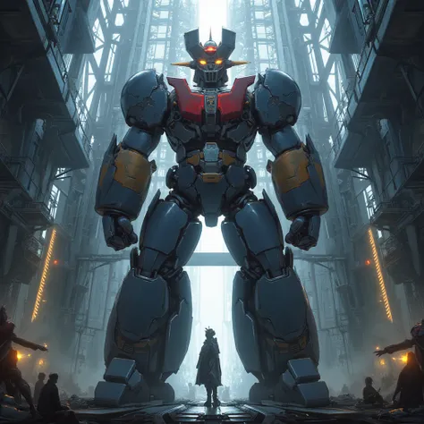  Modified Mazinger Z ,  Mazinger Z is 100 meters tall.  steel ,   Carbon Fiber  ,   Other industrial elements are also visible  ,  Just like the real thing  ,   I'm standing ahead at the height of a high-rise tower where high voltage current flows and emit...