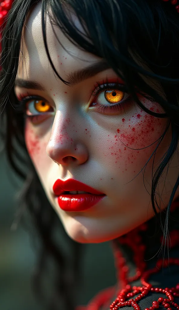 Extreme close-up work of art, Arcane Jinx, intricately detailed background, (ultra HD, 8 k wallpaper, high resolution), cinematic lighting, awardwinning, extremely high detailed skin, Extra detailed face, high detail glowing amber eyes, bright red lipstick...