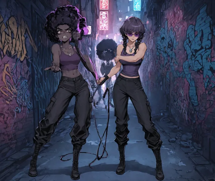 In a dark, urban, graffiti-covered alley, a narrow, dimly lit street sets the stage for a tense combat scene. At the center, Scorpion de Prata—a man standing 1.85m tall, athletic, with Afro braids, wearing dark purple sunglasses, a dark purple tank top, bl...