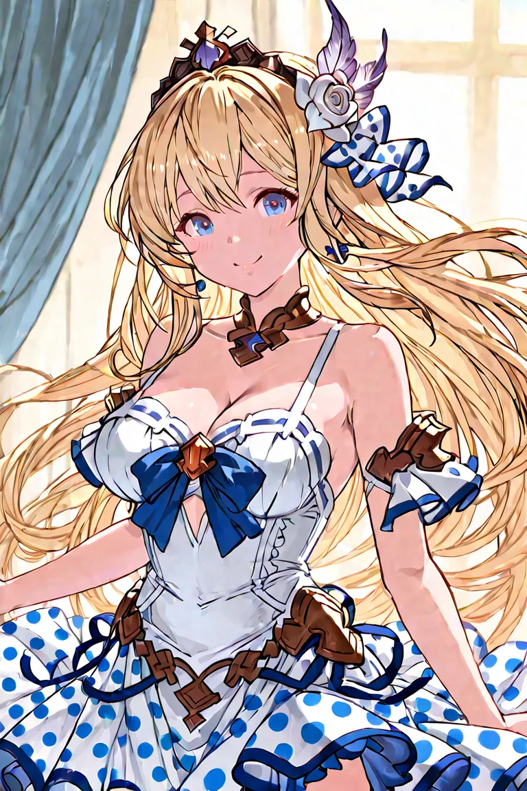 The costume clearly shows the body line、plain white、It looks like Europa from Granblue Fantasy, wearing a thin dress with a large blue polka dot pattern only on the skirt part、wearing a thin dress、I'm fascinated by the overlooked expression、Facing it from ...