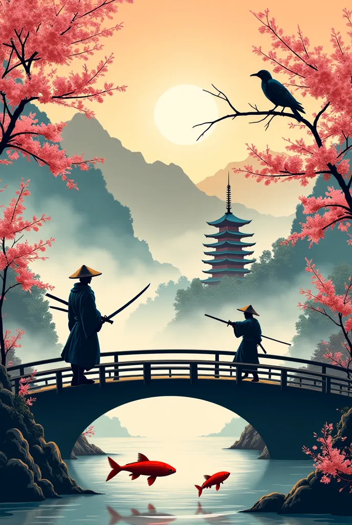 A stunning vector illustration of a dramatic samurai duel at dawn, featuring ultra-clean SVG lines and flawless precision. A lone samurai stands on a misty bridge, gripping his katana, clad in a finely detailed kimono and straw hat. A koi fish leaps in the...