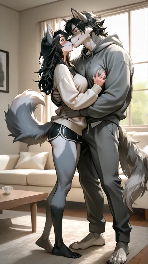 Living room, white couch, day time, sun shining, window, male furry holding female furry wolf, male short hair, brown eyes, male furry muscular body, black hair, black hair, grey fur, grey fur body, long hair, furry female, long hair, brown eyes, furry sno...