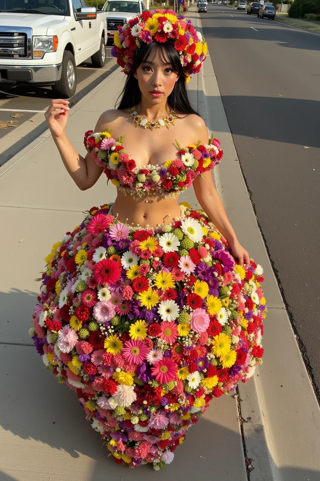 goddess of love and fertility (giga tits, huge tits natural sag) , extremely attractive, flower dress made of sheer silk very colorful, flower jewelry and decorations, demure, lewd, perfect flower garden