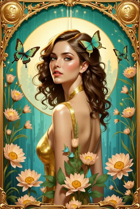  a digital painting in art nouveau style of a woman surrounded by flowers and butterflies, with a golden frame, turquoise and gold dominating the color palette, inspired by Alphonse Mucha, the woman has a slight smile, soft lighting and a tranquil environm...