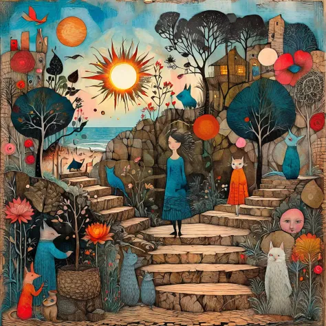 Collage patcwork illustration using stunning color, bleeding ink, drawing on textured paper, By Paul Klee, Jacek Yerka, ink painting, arthur rackham, John Holland, monet, Andy Kehoe, strong distinct foreground, very strong outlines, over-saturated colors, ...