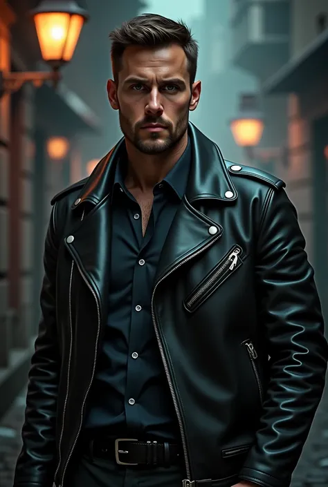 A man with a black leather jacket. High resolution, Great work, precise, Anatomy is true, Winning awards several times, أفضل quality, Damage, details, HD models, quality عالية, details عالية,  HD screen , quality, Very detailed, الجلد ذو الquality, realist...