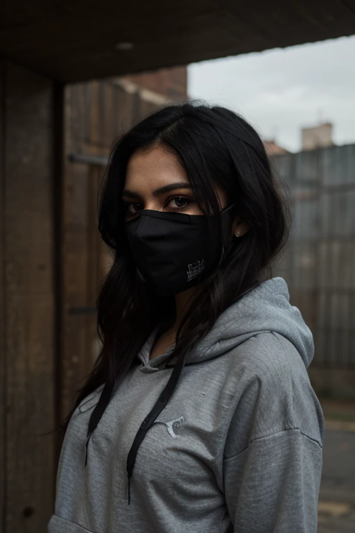 Create a black-haired South American woman,  dark makeup , Wearing a gray hoodie , a demon-designed mask that covers half of her face in an intimidating pose 