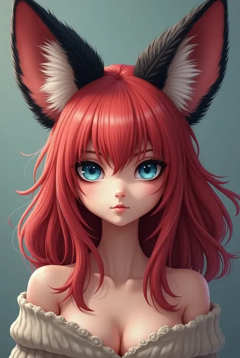 She has sky blue eyes, medium-long hair reaching lower than the shoulders (half red pink and half black) heart-shaped tuft Fennec fox's long ears face like that of a beautiful goddess beautiful angelic face firm and well-detailed features realistic serious...