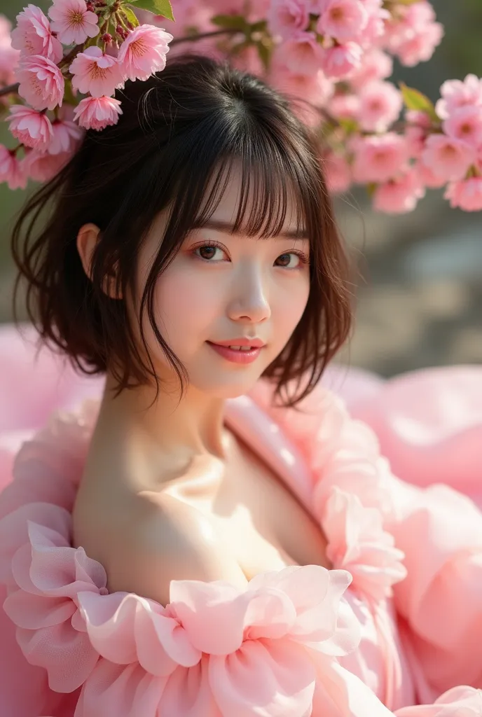 A photo of a beautiful Japanese actress taken for a promotional video. . Shooting data: Full-frame digital camera, 50mm, f14.1/125sec, iso100, daylight 1girl,17yo smile Bobcut　big eyes　round face Lying on a leisure sheet under cherry blossoms in full bloom