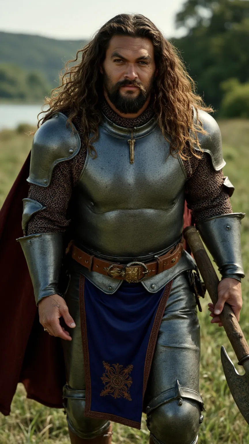 Jason Momoa as a knight walking and carrying a battle axe､dramatic atmosphere, 1 man､He has deep-set hazel eyes and long, wavy dark brown hair cascading past his shoulders, framing his strong jawline.

He wears a magnificent suit of polished steel armor wi...