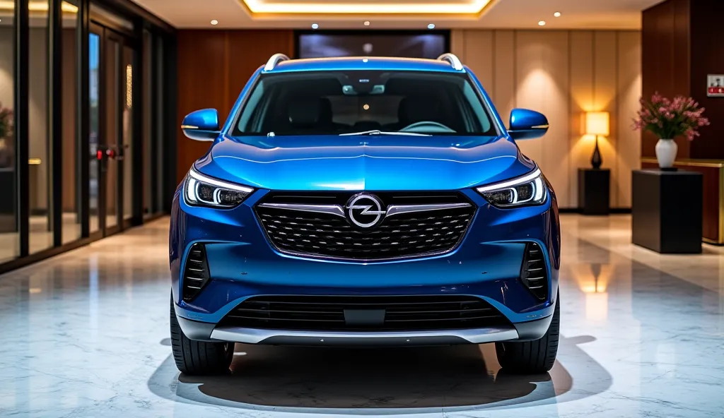 "A 2025 Opel Grandland in pure dark blue color, showcased from the front in a luxury showroom. The SUV features a striking 3D Vizor grille, an illuminated Opel logo, and sleek Intelli-Lux LED Pixel headlights. The polished marble floor reflects the vehicle...