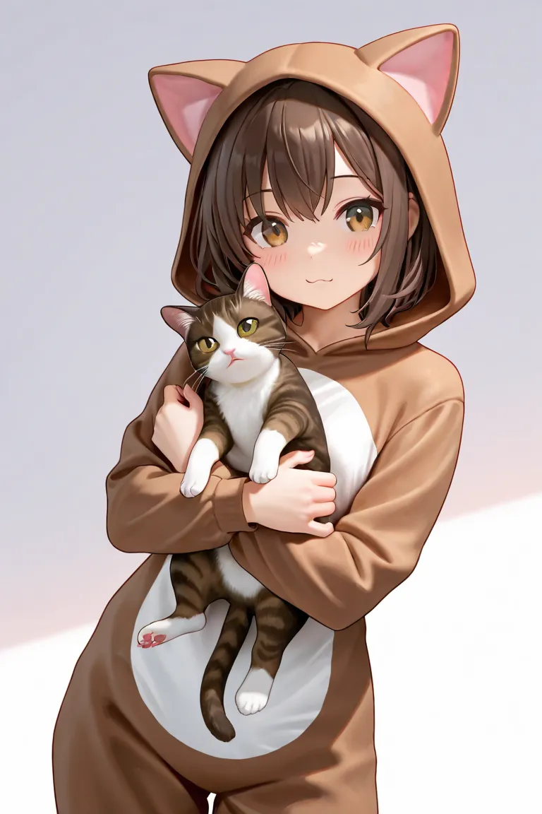 top quality , detailed face , cute face, Masterpiece ,cat costume, brown cat, hugging cat