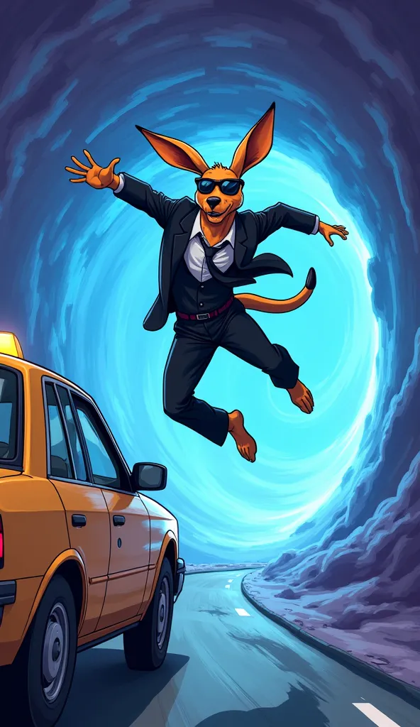 A dynamic cartoon-style scene of the kangaroo in a sharp black suit, leaping out of the taxi with agility and precision. He is mid-air, heading straight for the glowing, swirling ultradimensional portal. The portal is pulsating with blue and purple energy,...