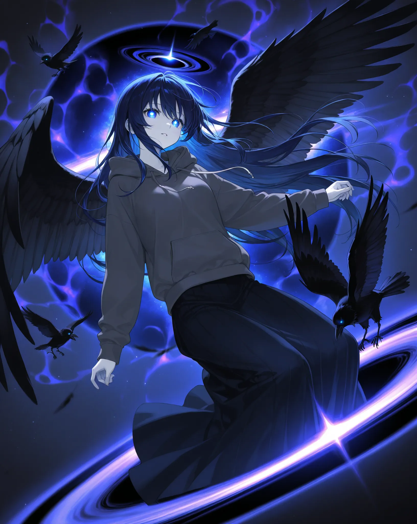 dark blue hair、 One Woman 、 hoodie、dark blue eyes、best image quality、highest resolution、long skirt、Crow's Wings、 white skin、、Cosmic Aura、 glowing eyes、black hole、