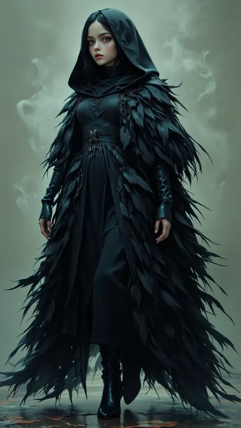 Dark and mysterious figures enveloped in a black feather cloak。 creates a uniform silhouette of a person wearing hooded clothing，The hooded garment is filled with scattered flowing black feathers。 Full Body Image，walk； The motion captured in still images。 ...